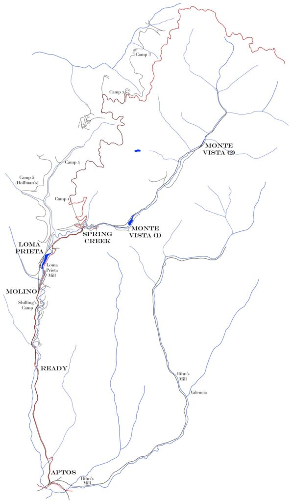 A composite map showing all of the trackage in the Aptos Creek watershed
