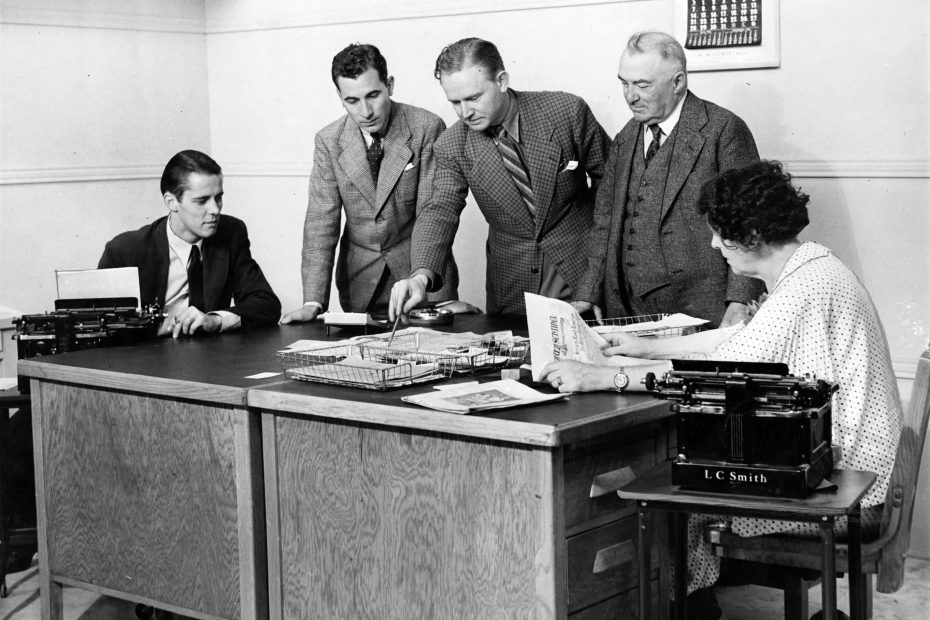 Lowell Bready, Sutton Christian, George Moorad, Ernest Otto, and Laura Rawson in the Sentinel office, 1938