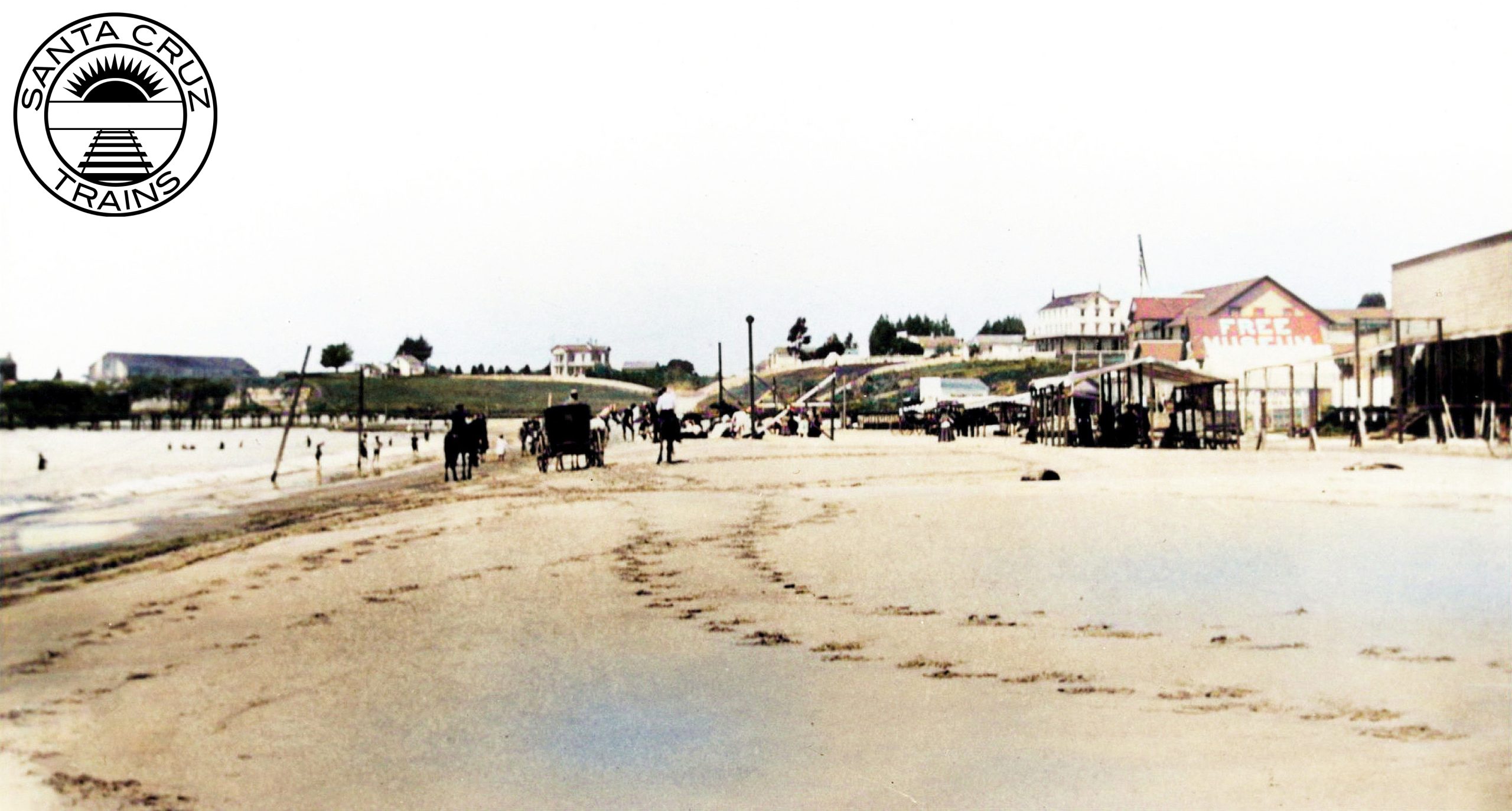 Buggies and swimmers at the beach, ca 1885 [UCSC]