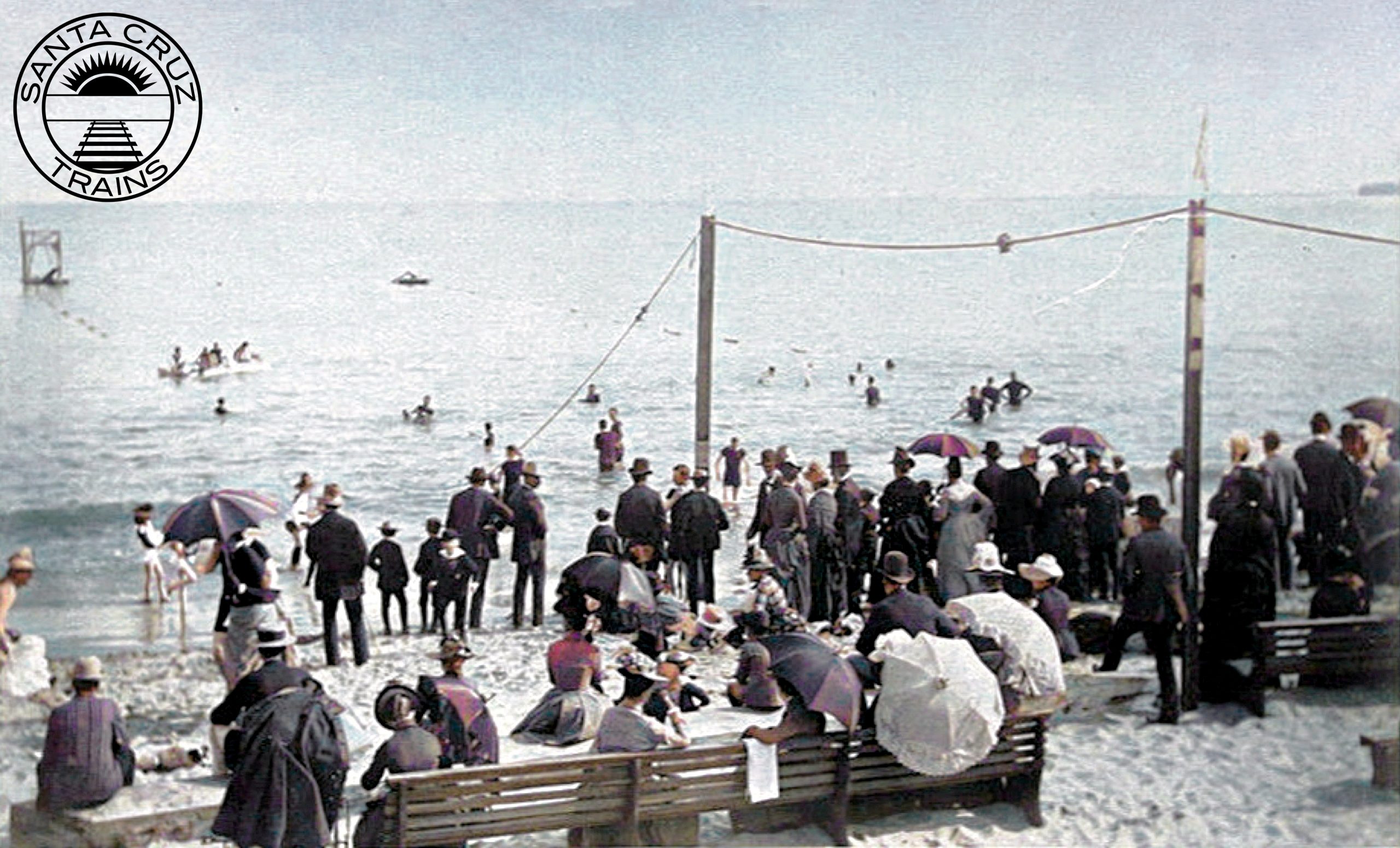 People around a swimming line at the Santa Cruz Beach, ca 1900, George Webb [WorthPoint]