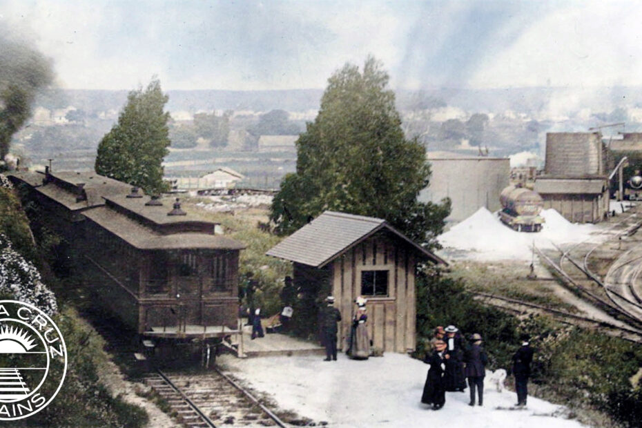 An Ocean Shore train outside the ticket office in Santa Cruz, ca 1908